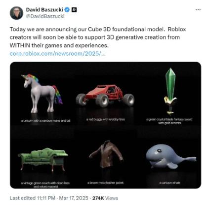 Roblox 推出AI驱动3D模型工具Cube，游戏创作迈入新纪元